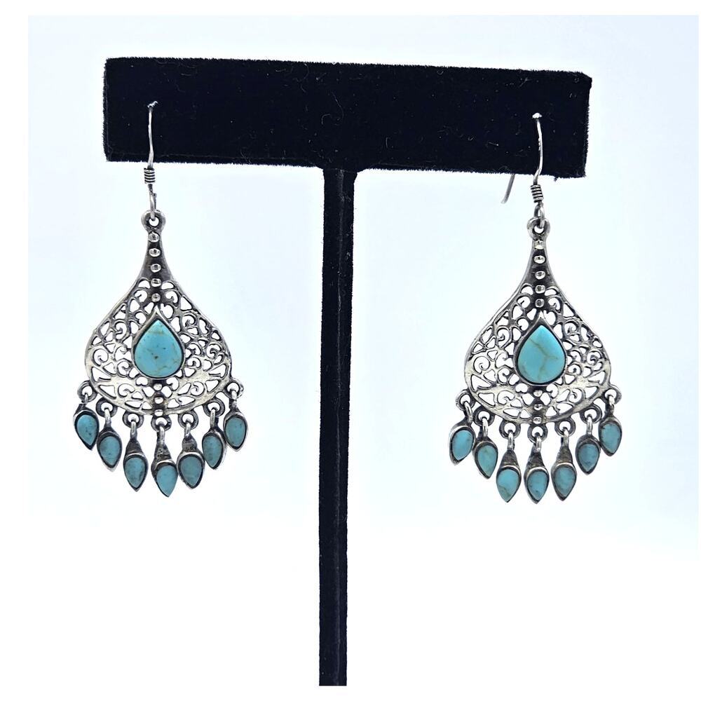 Vintage Turquoise Sterling Silver 925 Dangle Teardrop Tribal Filigree Earrings